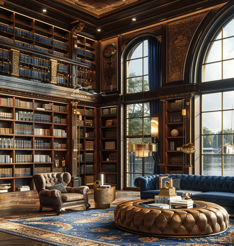 Private club library overlooking the marina