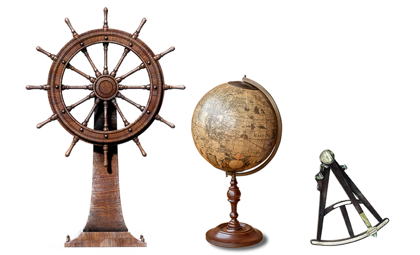Ship wheel, globe and sextant