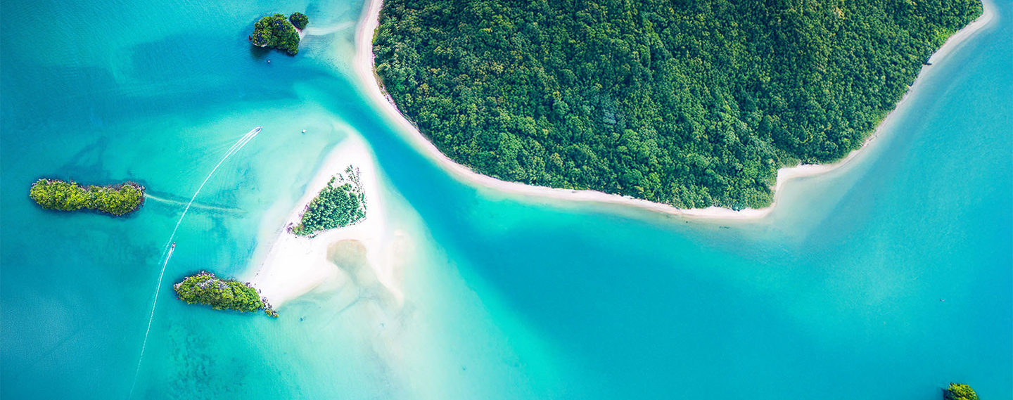 Aerial view of tropical islands and turquoise lagoon
