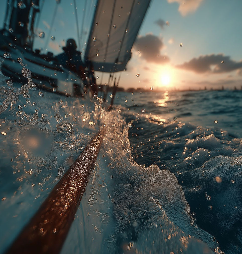 Spray over the bow at sunset